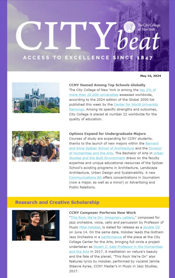 Sample content CCNY City Beat newsletter May 16, 2024 edition. Images include lavender-shaded image of Shepard Hall tower, overview of campus in springtime seen from NAC toward Shepard Hall, and a cluster of smiling students.