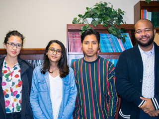 Four of CCNY’s six 2018 Mellon Mays Fellows from left: Fiorella Garrido-Lecca, Kiran Baldeo, Abraham Arriaga and Kendrick Zapata. Four of CCNY’s six 2018 Mellon Mays Fellows from left: Fiorella Garrido-Lecca, Kiran Baldeo, Abraham Arriaga and Kendrick Zapata.