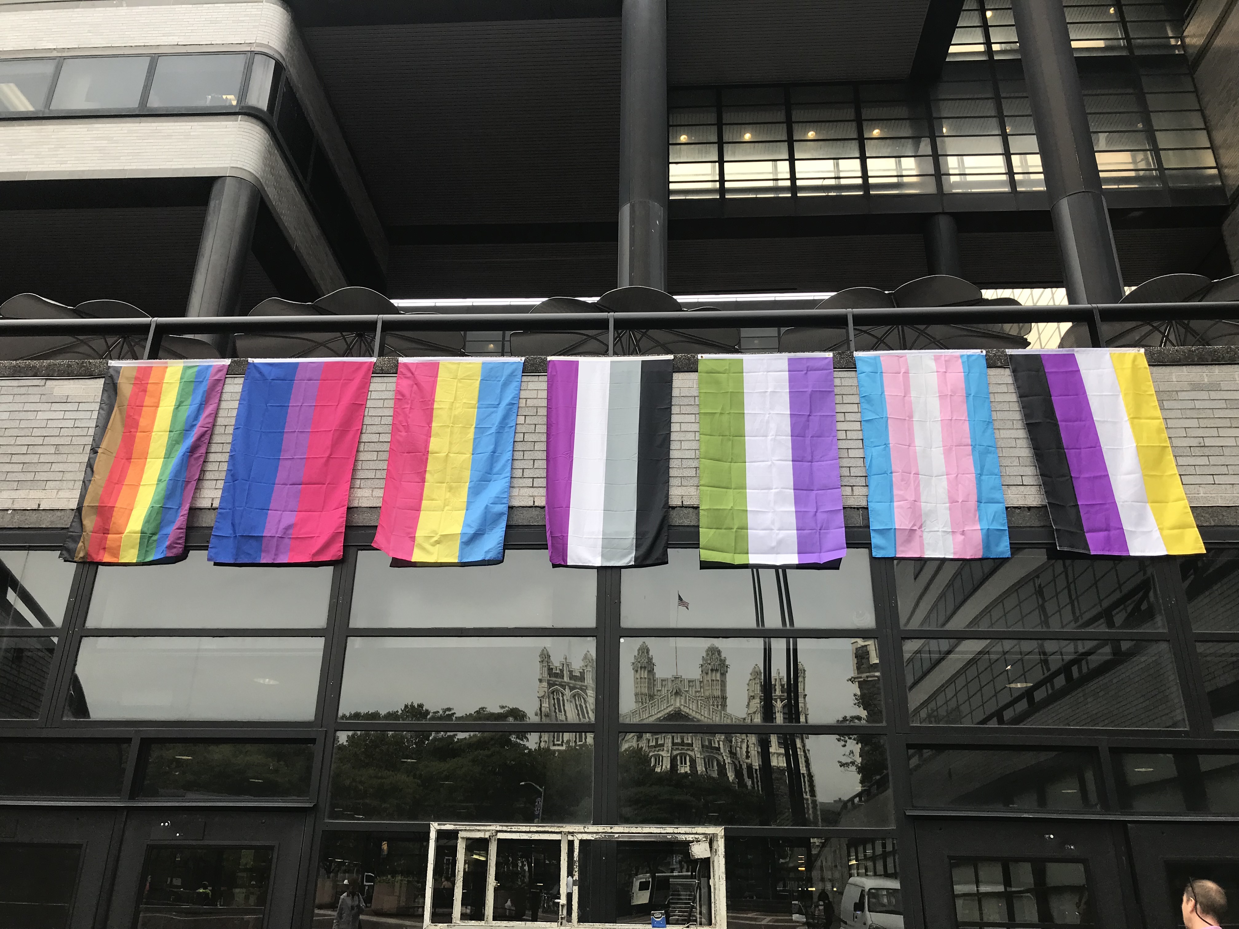 This image displays some LGBTQ+ pride flags hung outside the North Academic Center. Flags from left to right: The Philadelphia pride flag, the bisexual pride flag, the pansexual flag, the flag for the asexual community, the genderqueer flag, the transgender flag and the non-binary flag.