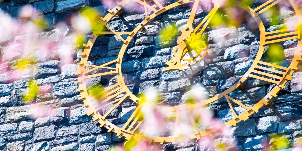 Clock with cherry blossoms over it