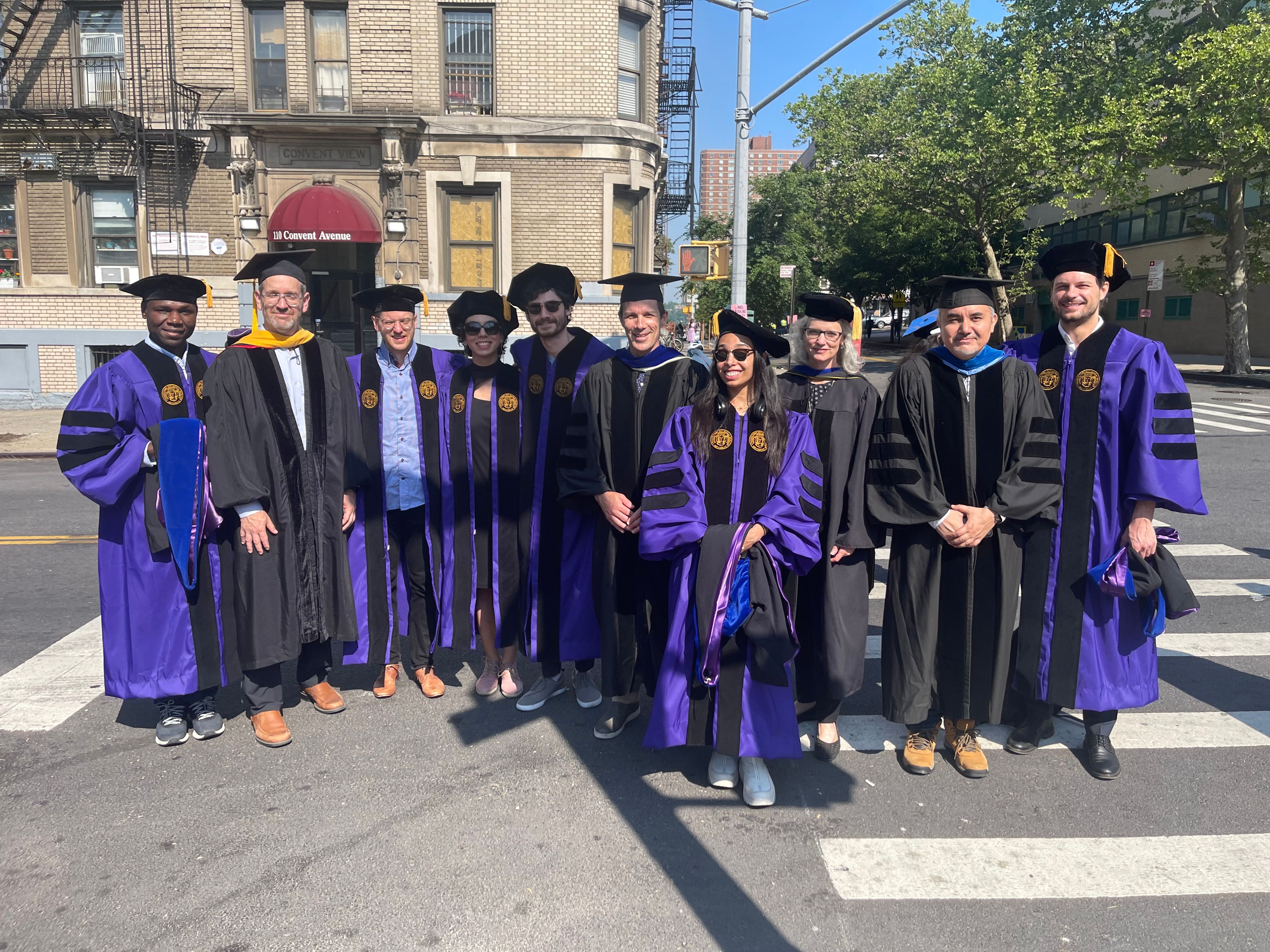 2023 BME PhD graduates with their mentors, pictured from left to right: Adantchede Louis Zannou, Prof. Marom Bikson, Maximilian Nentwich, Forouzan Vasheghani Farahani, Lukas Hirsch, Prof. Lucas Parra, Michelle Gelbs, Prof. Susannah Fritton, Prof. Luis Cardoso, Andrea Corti. (not pictured: Judy Alper, James Padgett, Prof. Mitchell Schaffler)