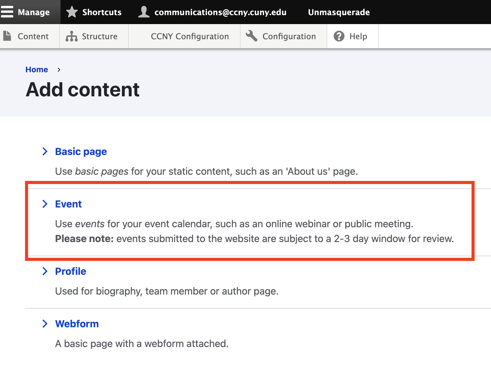 Clicking on Events Field