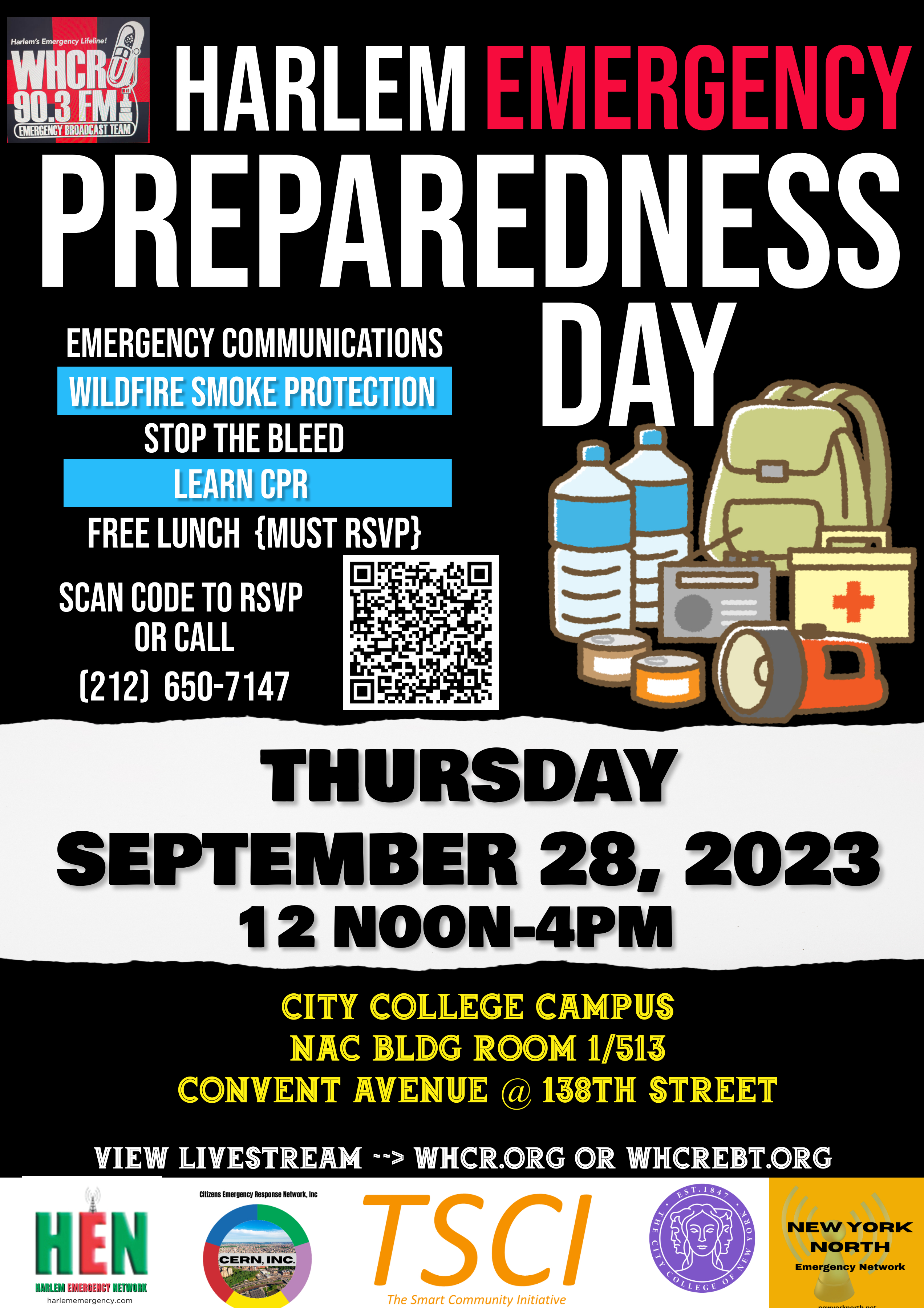 Get ready for WHCR’s Harlem Emergency Preparedness Day, where we’ll equip you with essential skills to handle any crisis that comes your way. Date and time  Thursday, September 28 from 12 – 4pm