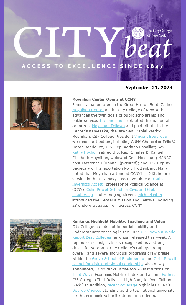 Sample content from 092123 issue of City Beat, covering Moynihan Center opening and recent college rankings. Images are Shepard Hall tower, Lawrence O'Donnell speaking at CCNY Great Hall podium, and an aerial view of the Quad on CCNY's North Campus, with long view toward New Jersey