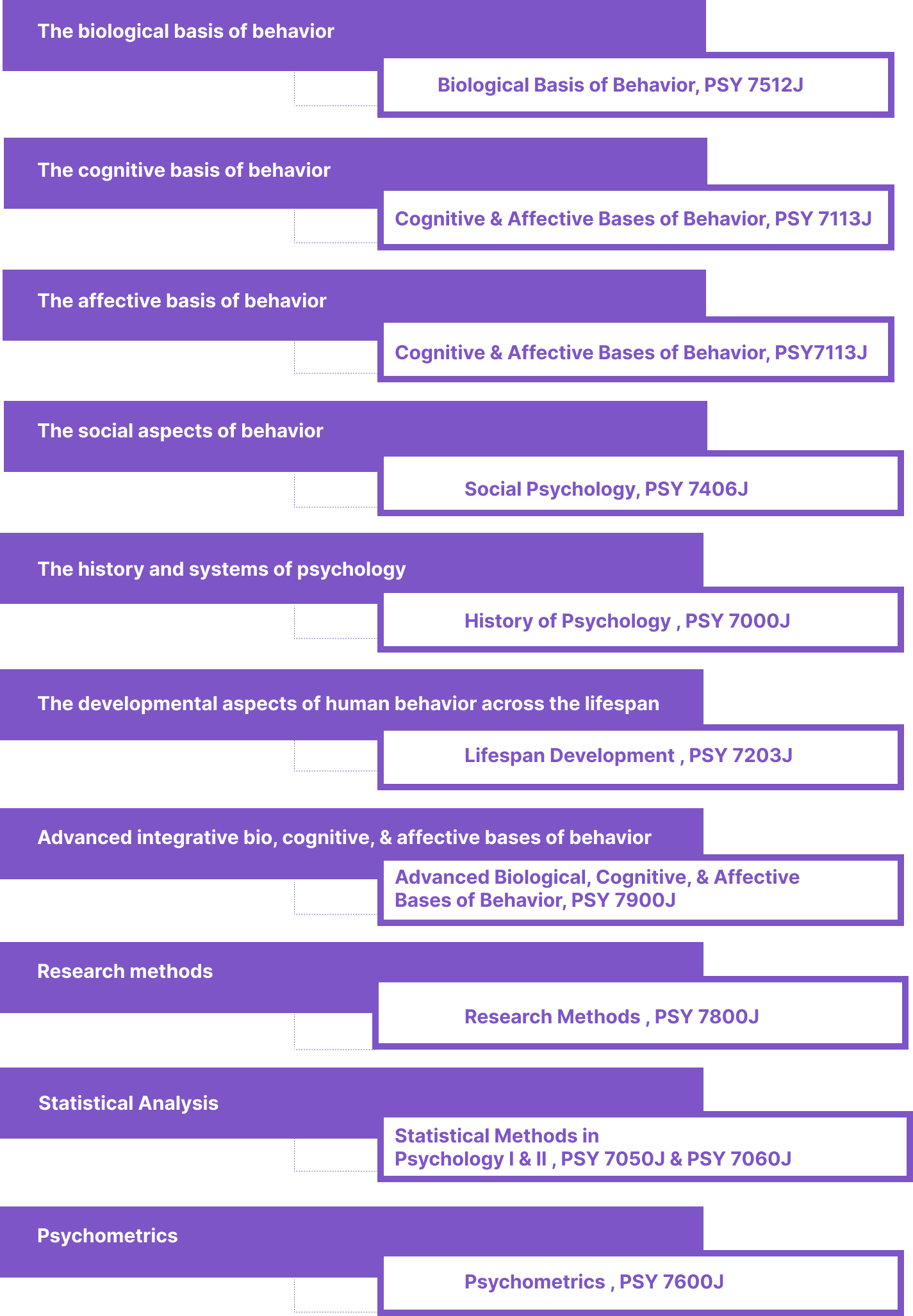 Domains Covered: biological basis of behavior: the cognitive basis of behavior; Affective basis of Behavior: The Cognitive and Affective Bases of Behavior, PSY 7113J, The Social Aspects of Behavior: Social Psychology, 7406J, The history and systems of Psychology: History of Psychology PSY 7000J, The developmental aspects of behavior across lifespan: history and systems of psychology; research methods; statistics;