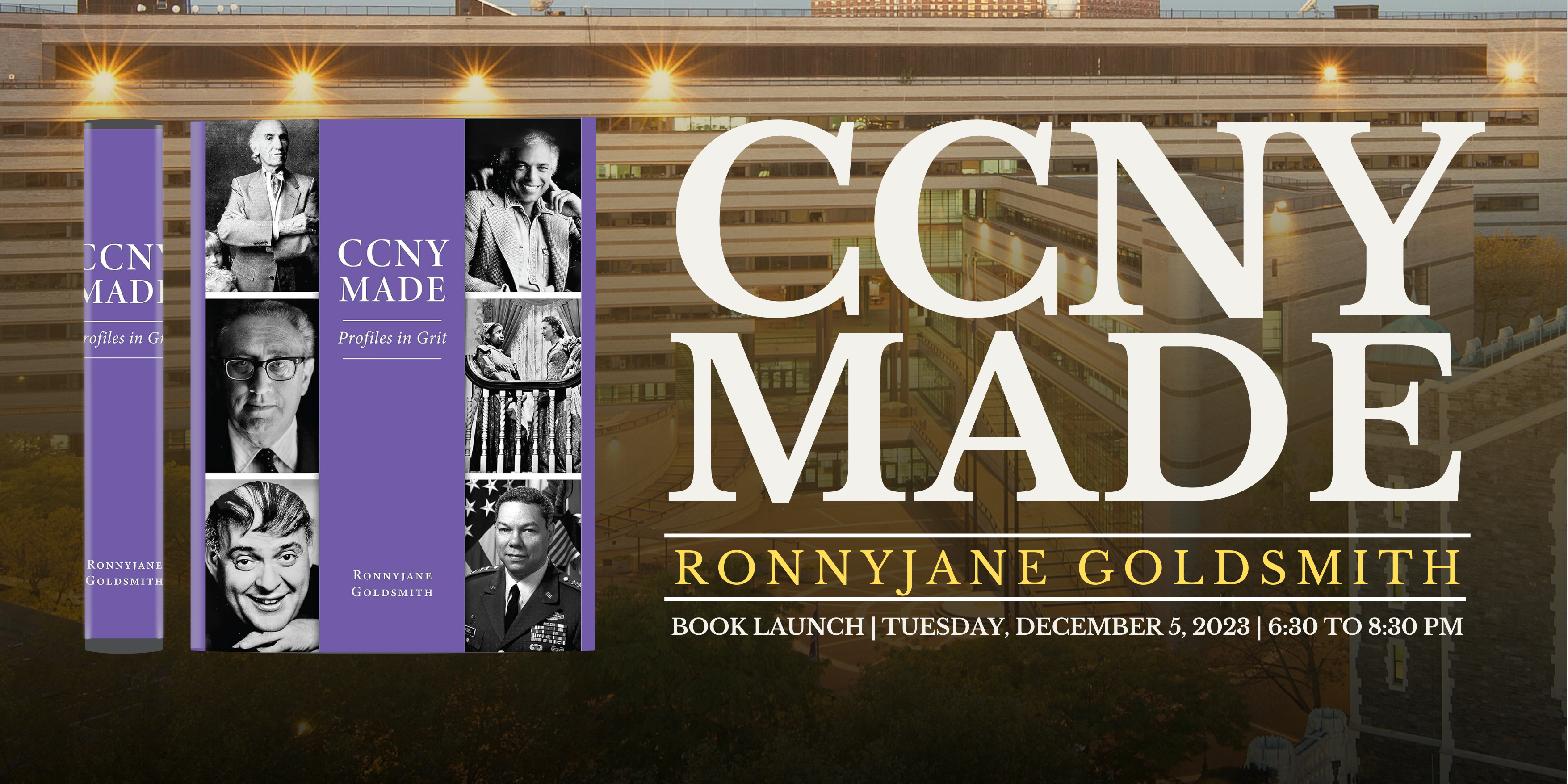 Banner of CCNY Made Book Talk Event shows a photos of NAC building with overlay text and photo of book cover