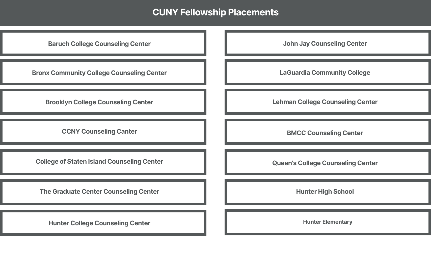CUNY Fellowship Placements, Baruch College Counseling Center, Brooklyn College Counseling Center, CCNY Counseling Canter, College of Staten Island Counseling Center, The Graduate Center Counseling Center, Hunter College Counseling Center, John Jay Counseling Center, LaGuardia Community College, Lehman College Counseling Center, BMCC Counseling Center, Queen's College Counseling Center, Hunter High School, Hunter Elementary