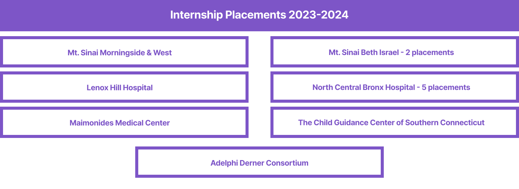 Internship Placements 2023-2024: Mt. Sinai Morningside & West, Lenox Hill Hospital, Maimonides Medical Center, Mt. Sinai Beth Israel - 2 placements, North Central Bronx Hospital - 5 placements, The Child Guidance Center of Southern Connecticut, Adelphi Derner Consortium
