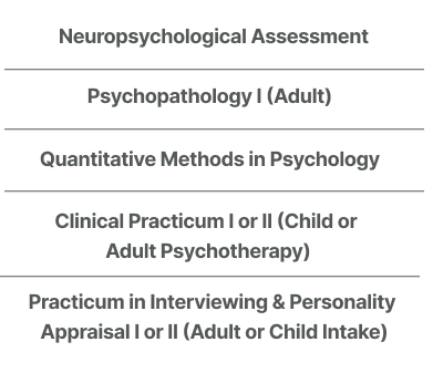 Neuropsychological Assessment, Psychopathology I (Adult), Quantitative Methods in Psychology, Child Practicum I or II (Child or Adult Psychotherapy), Practicum in Interviewing and Personality Appraisal I or II (Adult or Child Intake)