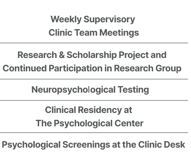 Weekly supervisory Clinic Team meetings, Research and Scholarship Project and Continued Participation in Research Group, Neuropsychological Testing, Clinical Residency at The Psychological Center, Psychological Screenings at Clinic Desk