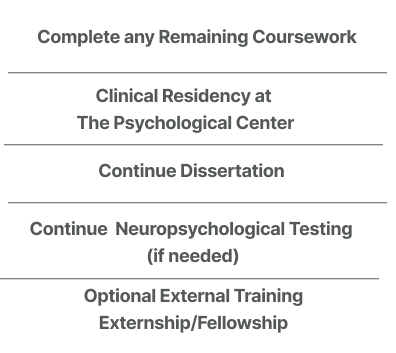 Complete any remaining coursework, clinical residency at Psychological Center, continue dissertation, continue neuropsych testing (if needed), optional external training (externship or fellowship)