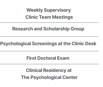 Weekly Supervisory Clinic Team Meetings, Research and Scholarship Group, Psychological Screenings at Front Desk, First Doctoral Exam, Clinical Residency at The Psychological Center