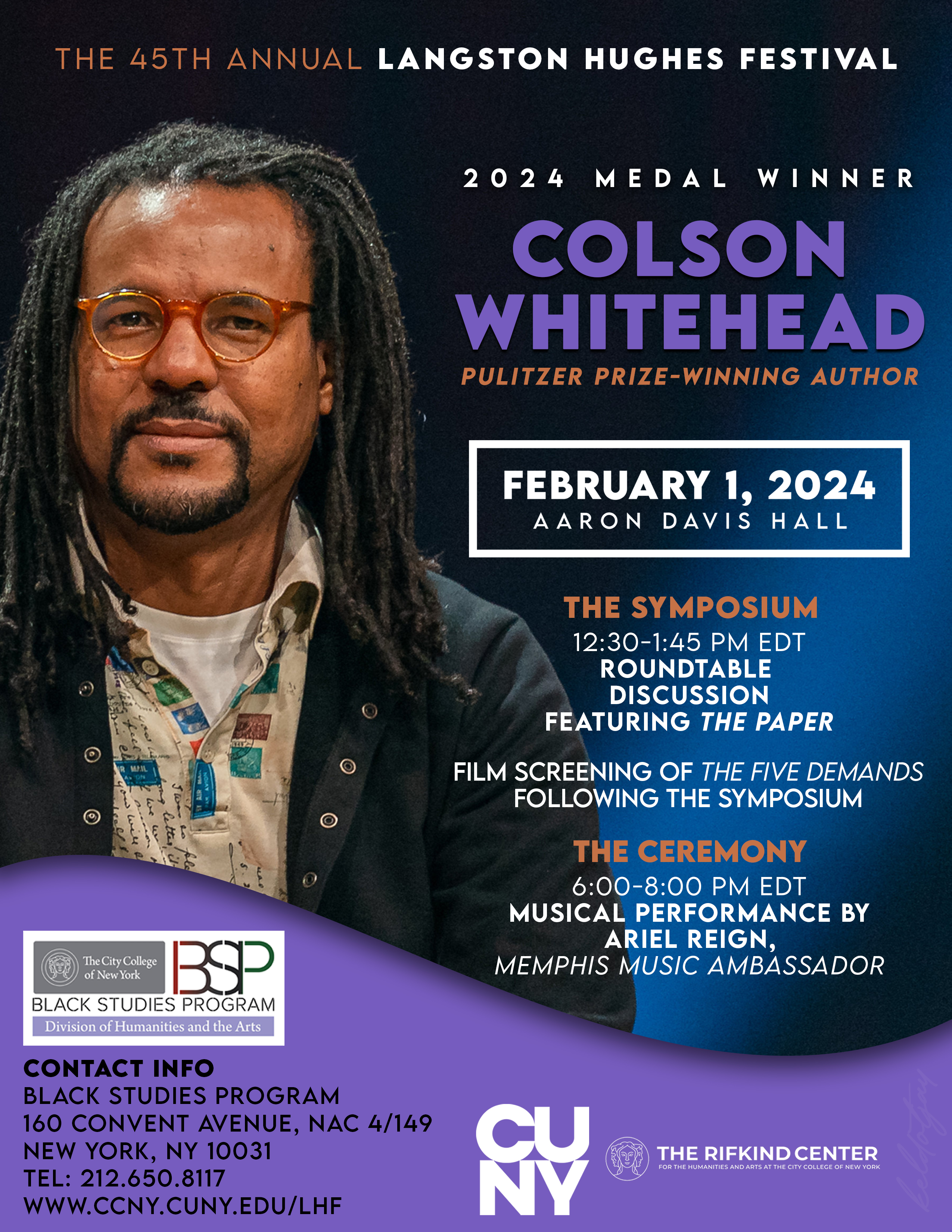 Event poster feat. honoree Colson Whitehead and event details