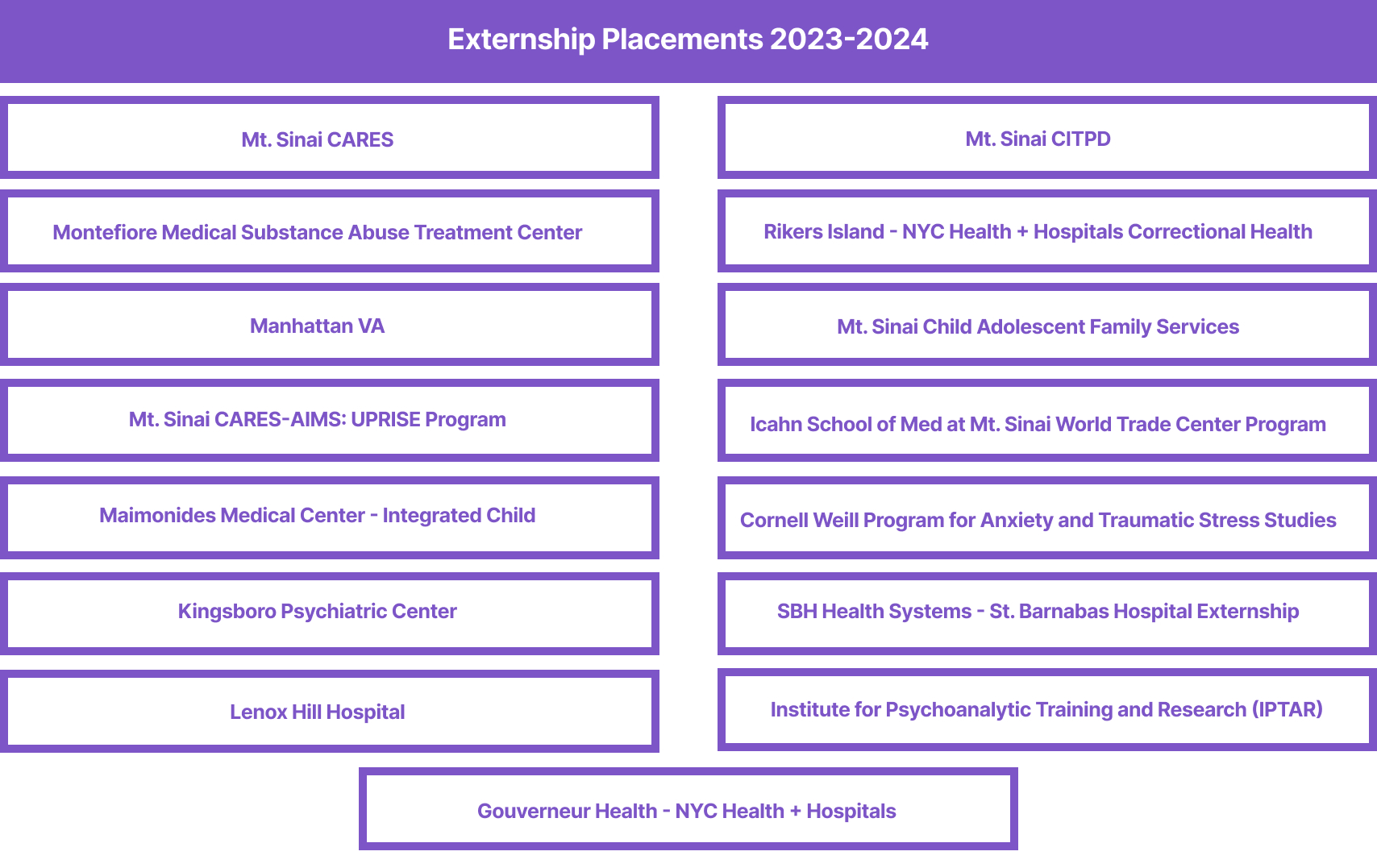 Externship Placements 2023-2024: Mt. Sinai CARES, Mt. Sinai CITPD, Montefiore Medical Substance Abuse Treatment Center, Manhattan VA, Rikers Island Correctional Health, Mt. Sinai Child Adolescent Family Services, Gouverneur Health - NYC Health + Hospitals, Mt. Sinai CARES-AIMS: UPRISE Program, Icahn School of Med at Mt. Sinai World Trade Center Program, Maimonides Medical Center - Integrated Child, Cornell Weill Program for Anxiety and Traumatic Stress Studies, Kingsboro Psychiatric Center, SBH H
