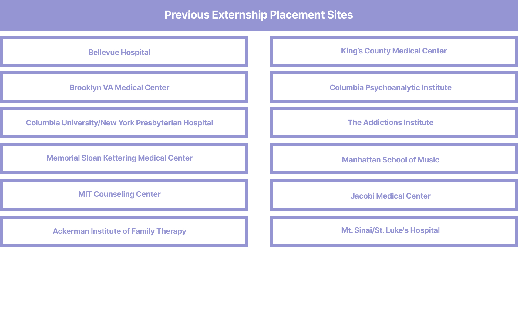 Previous Externship Placement Sites: King’s County Medical Center, Brooklyn VA Medical Center, Columbia University/New York Presbyterian Hospital, Memorial Sloane Kettering Medical Center, MIT Counseling Center, NYU Post Doctoral Program, Ackerman Institute of Family Therapy, Bellevue Hospital, North Central Bronx Medical Center, The Addictions Institute, Manhattan School of Music, Jacobi Medical Center, Mt. Sinai/St. Luke's Hospital, Columbia Psychoanalytic Institute