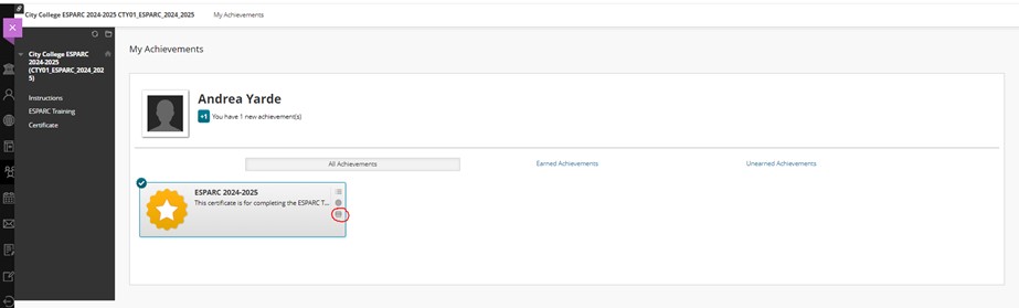 screenshot of the ESPARC training print certificate