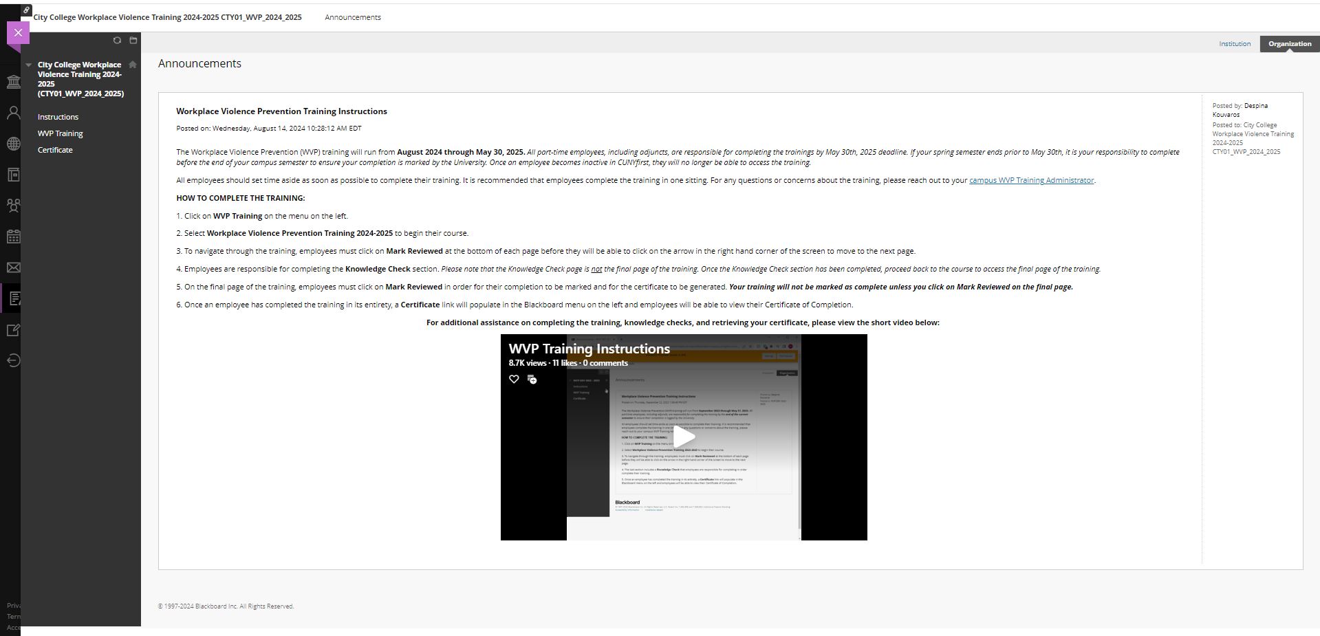 screenshot of the workplace violence prevention training instructions