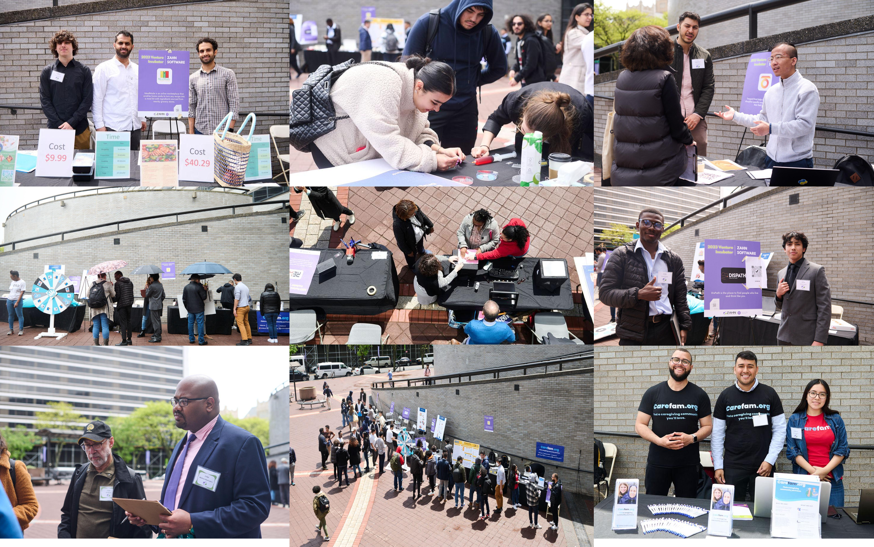 A collage of images featuring student teams presenting their ventures at the NAC Plaza in 2023