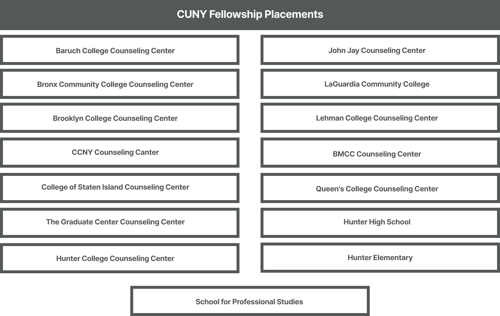 CUNY Fellowship Placements: Baruch College, John Jay, Bronx Community College, LaGuardia, Brooklyn College, Lehman, CCNY, BMCC, CSI, Queens, Graduate Center, Hunter High School, Hunter Counseling, Hunter Elementary, School of Professional Studies