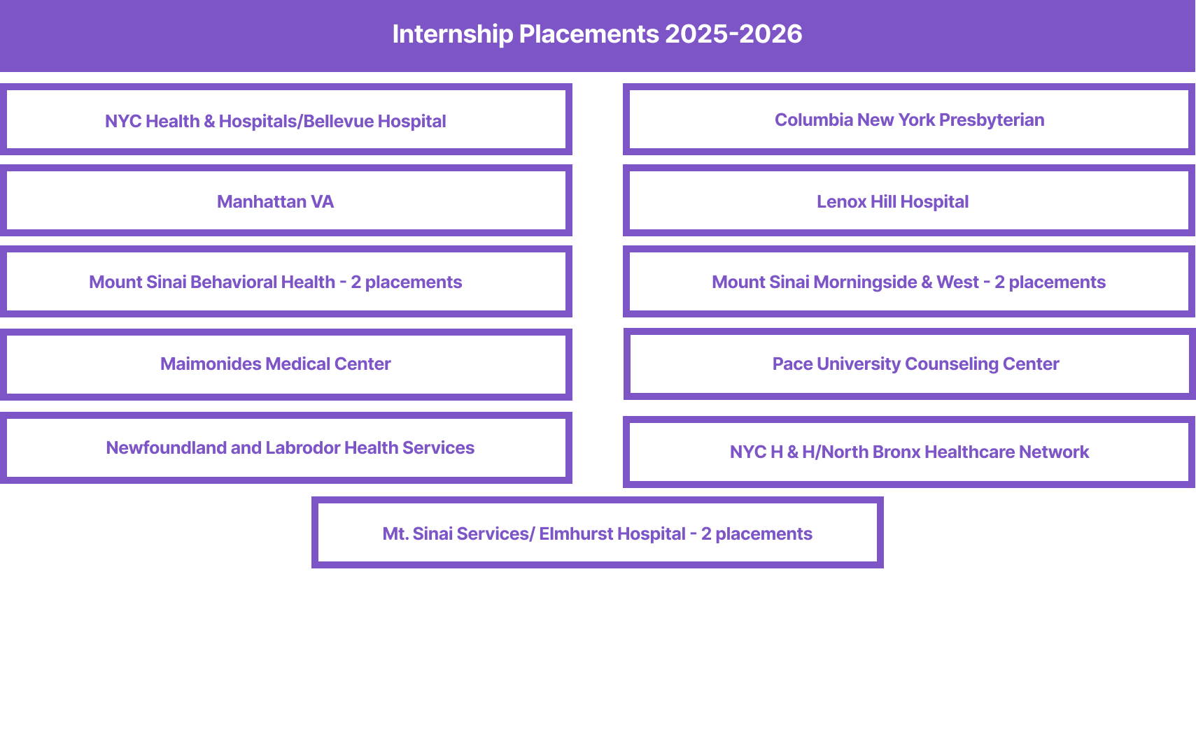 Internship Placements 2025-2026: Bellevue Hospital, Columbia NY Presbyterian, Manhattan VA, Lenox Hill Hospital, Mt Sinai Behavioral Health - 2 placements, Mount Sinai Morningside and West -2 placements, Maimonides Medical, Pace University Counseling, North Central Bronx, Mt. Sinai Elmhurst - 2 placements, New Foundland and Labrodor Health