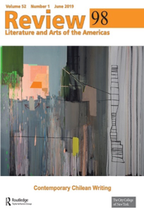 Cover of Review 98. Orange text reading "Volume 52 Number 1 June 2019. Review 98 Literature and Arts of the Americas." on a white background with an abstract painting featured beneath.