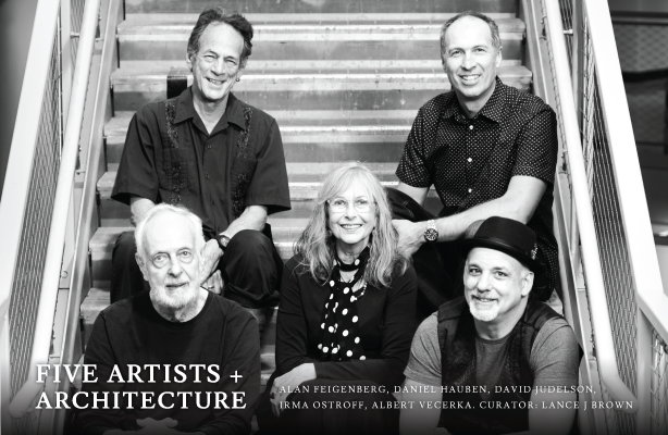 group photo of five artists with exhibit title and names