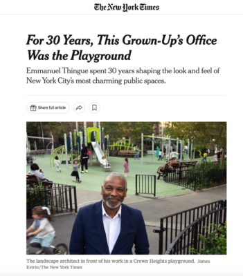 News headline text and image of Emmanuel Thingue standing in front of a playground.