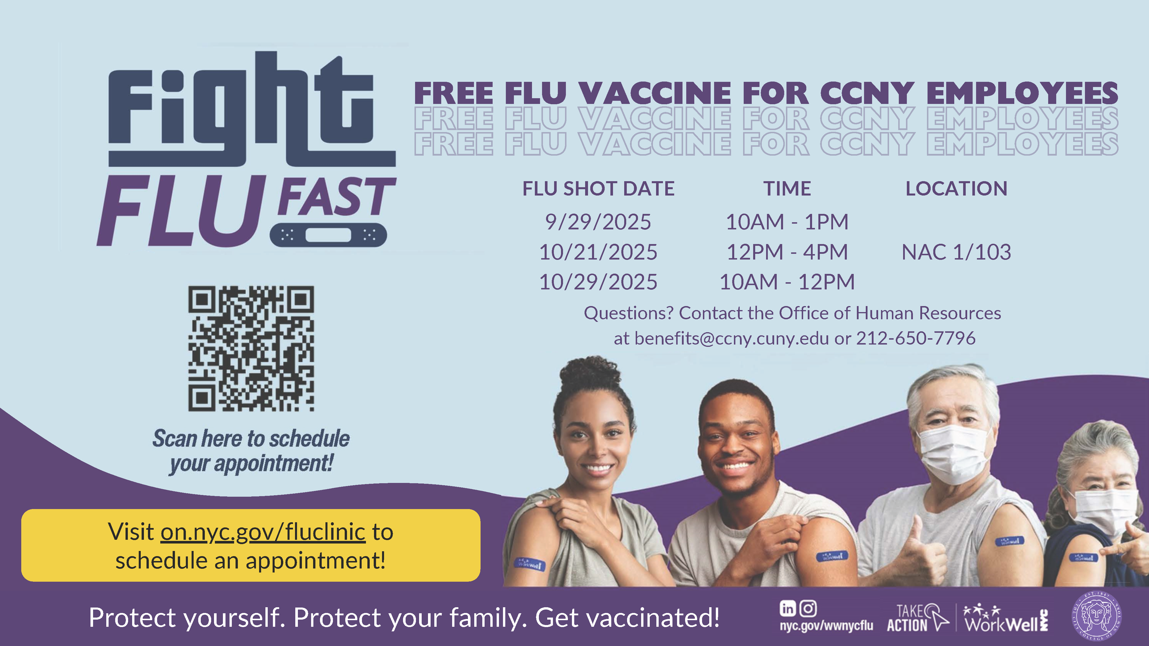 flyer for flu shot clinic at CCNY. free flu shots on 9/29, 10/21, and 10/29. register at on.nyc.gov/fluclinic