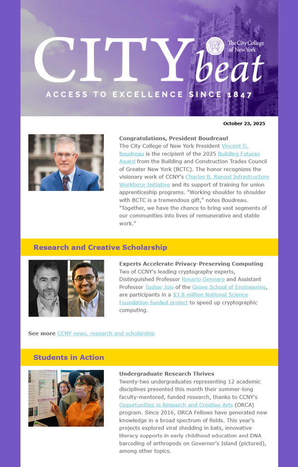 Sample content from CCNY City Beat 102325 issue. Images include lavender-shaded Shepard Hall tower, President Boudreau smiling outside Shepard Hall, a collage of two researchers' head shots, and a student wearing a mask during a poster presentation
