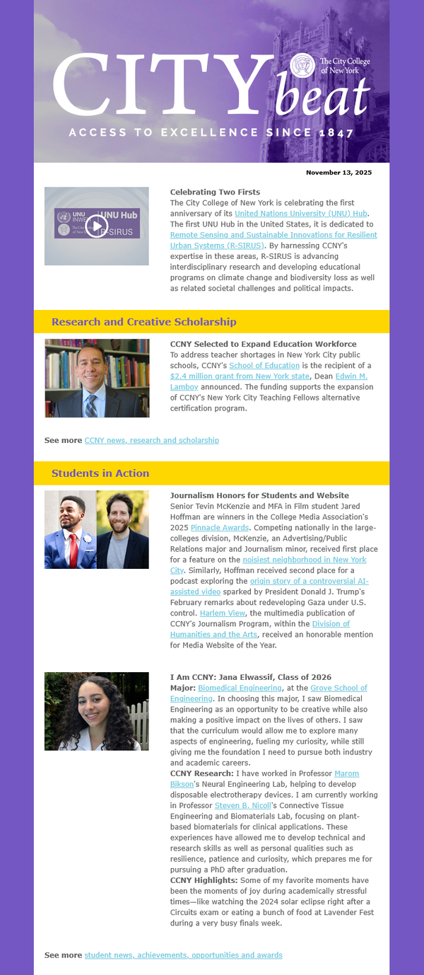 Sample content CCNY City Beat 111325 edition; images include lavender-shaded Shepard Hall tower, UNU Hub R-SIRUS video thumbnail, dean and faculty member in suit and tie with bookcase in background; two students wearing beards in separate head shots side by side, student smiling outdoors with foliage and fence in background