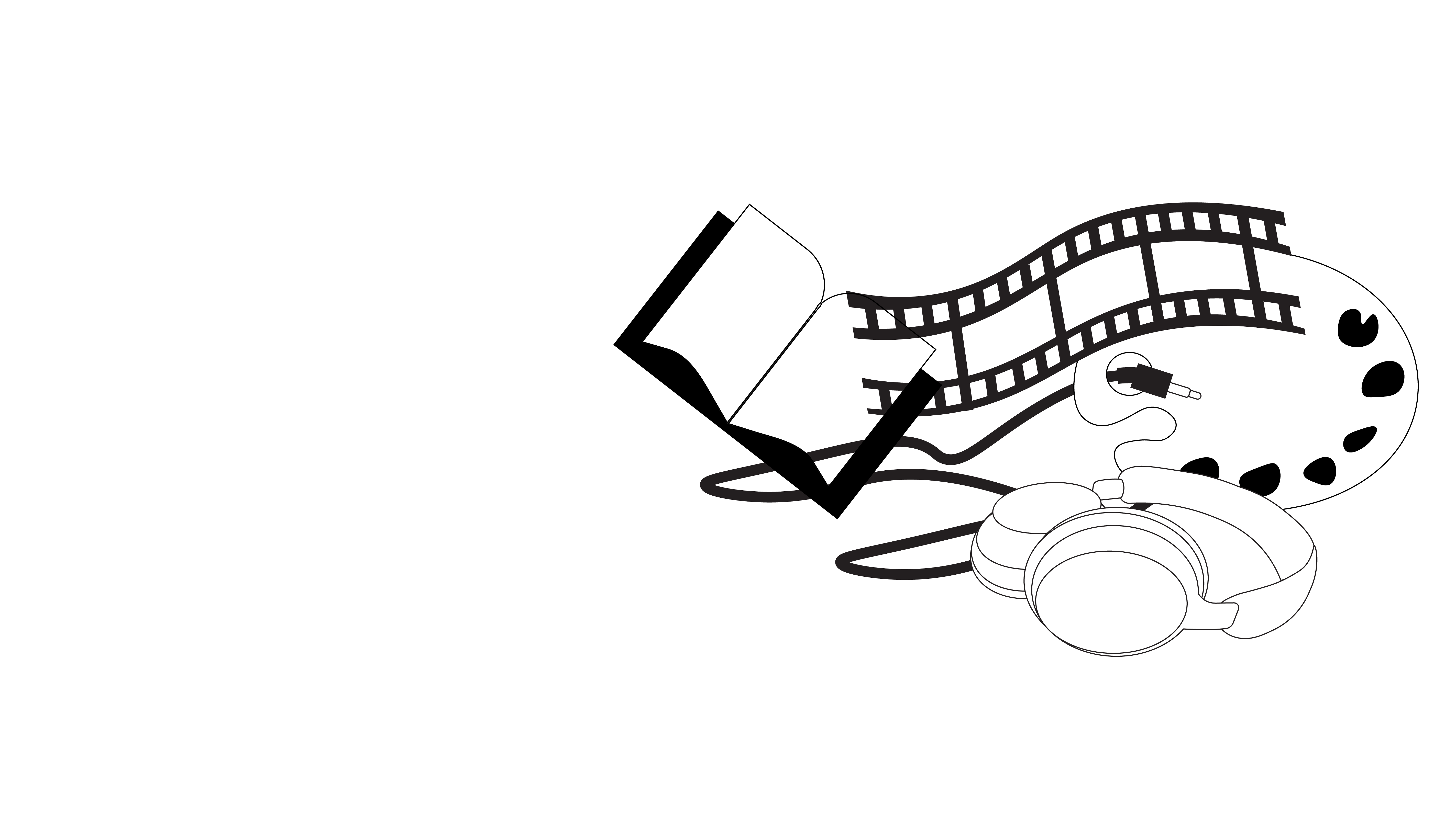 A black and white line art graphic of different forms of media. Pictured is a book, a film strip, a paint palette, and headphones with a intertwined headphone jack.