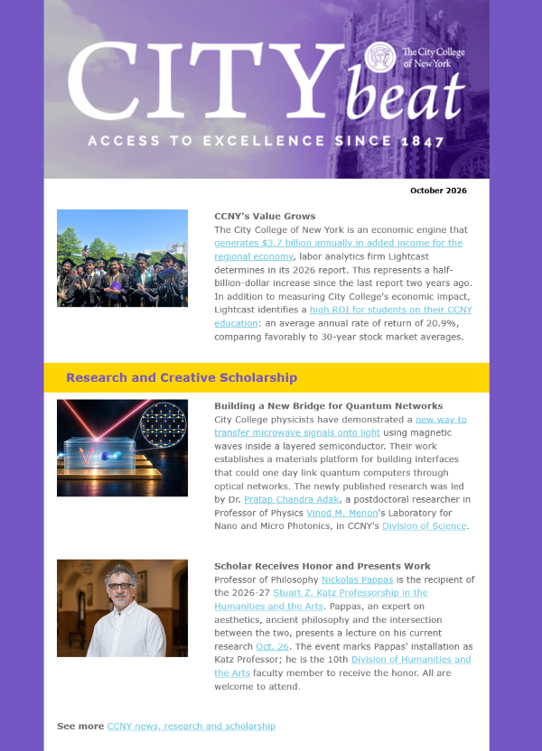 CCNY City Beat October 2026 sample content. Images includes lavender-shaded Shepard Hall tower; cheering graduates at Commencement; a scientific illustration depicting interaction of microwaves and light; a person in glasses in academic hallway