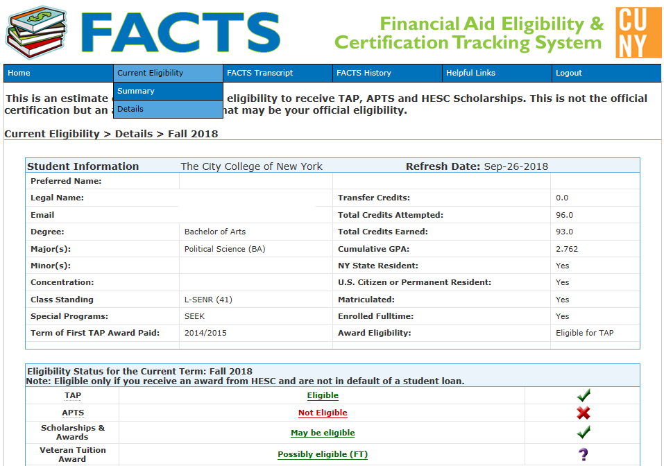 Image of details page showing eligible financial aid packages