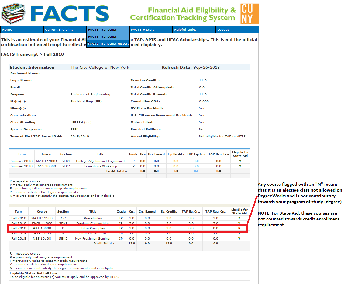 View of transcript page, found on FACTS Transcript History