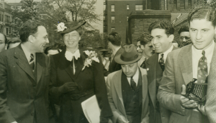 According to CCNY Archives: In this image Eleanor Roosevelt is pictured walking around the campus with City College staff.  More specifically, it looks more like arrival on campus via Convent Ave. Year not known. See also other Eleanor Roosevelt photo. From City College of New York Archives and Special Collections