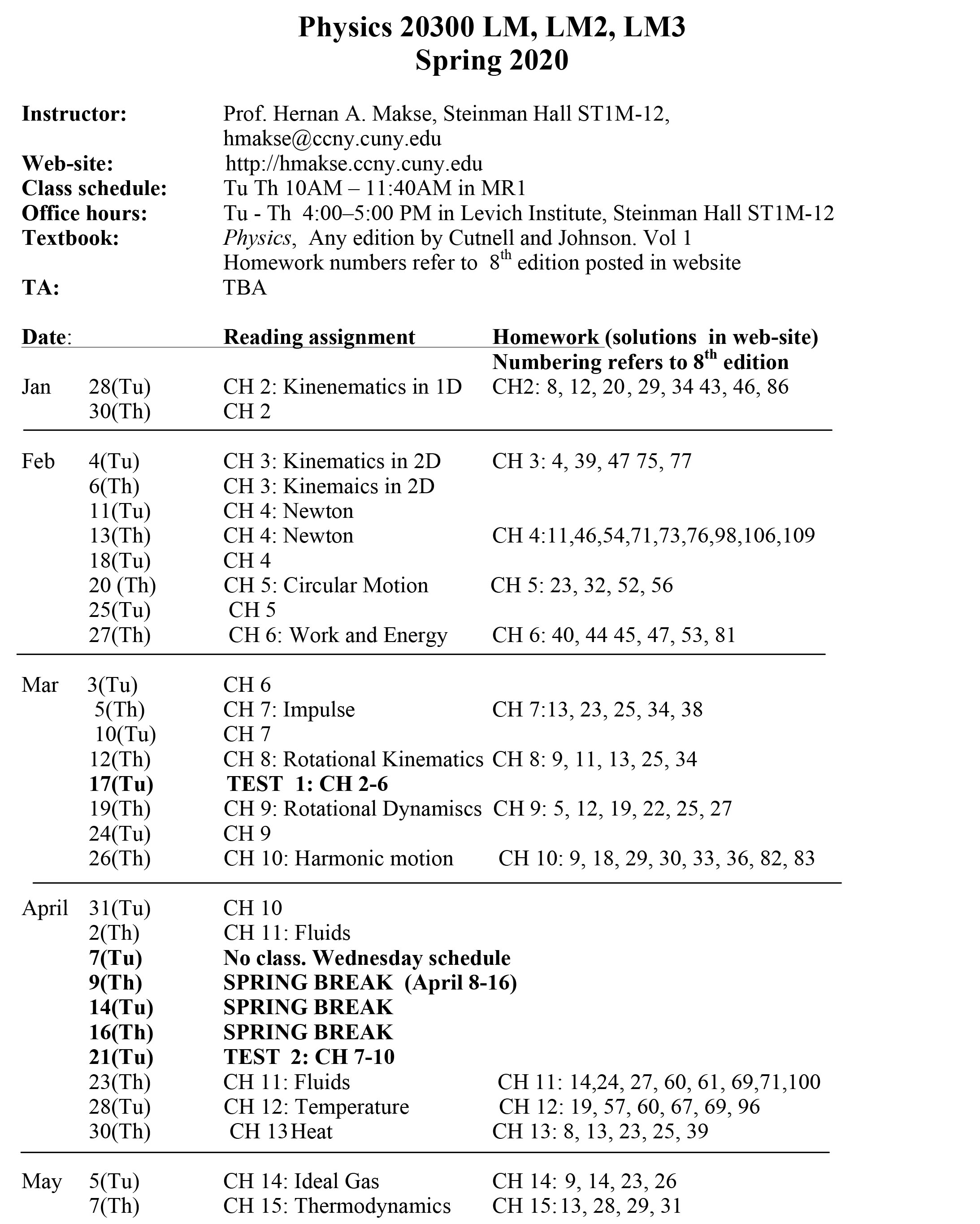 Spring 2020 SYllabus Physics 20300 LM Page 1