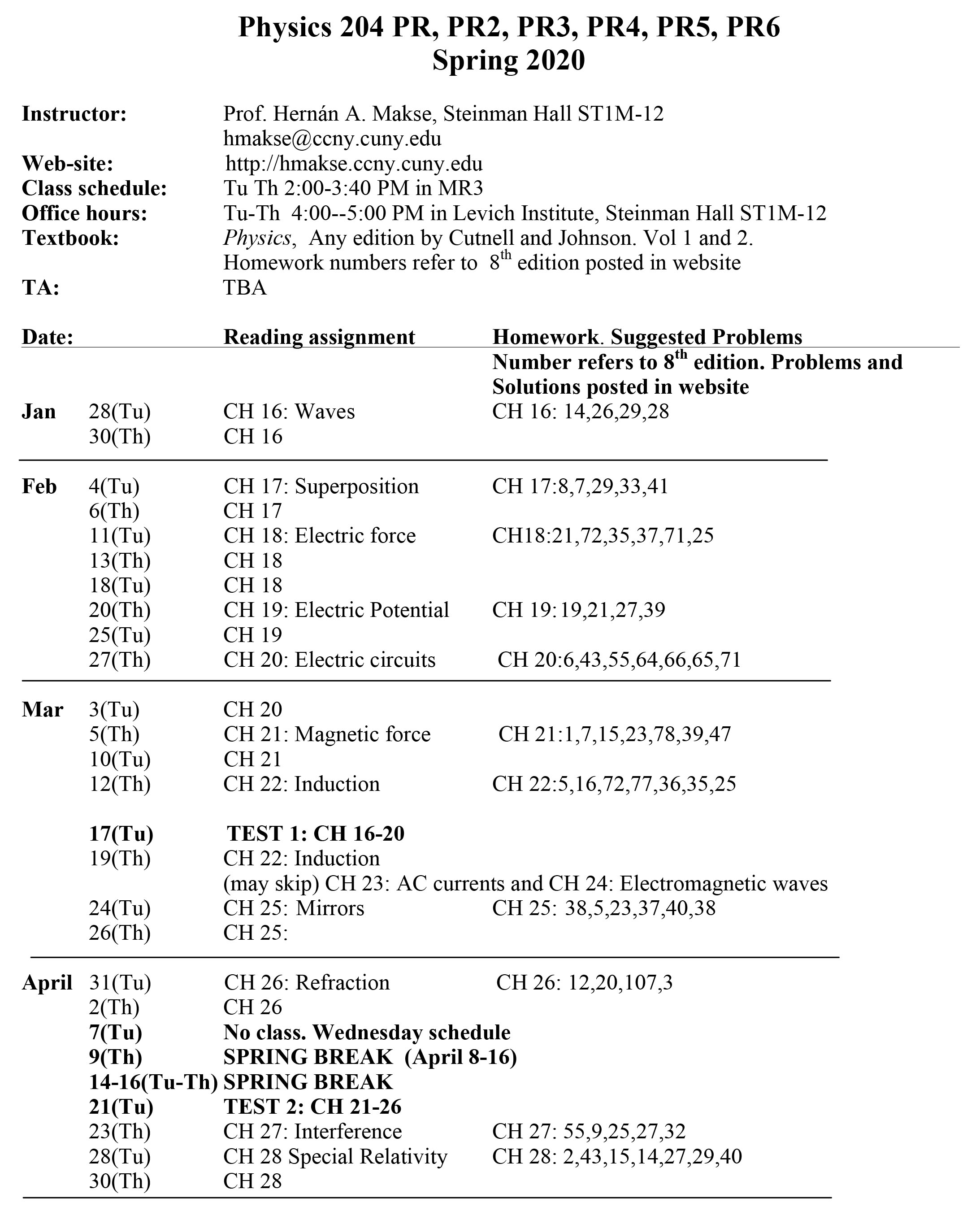 Spring 2020 Syllabus Physics 20400 PR Page 1