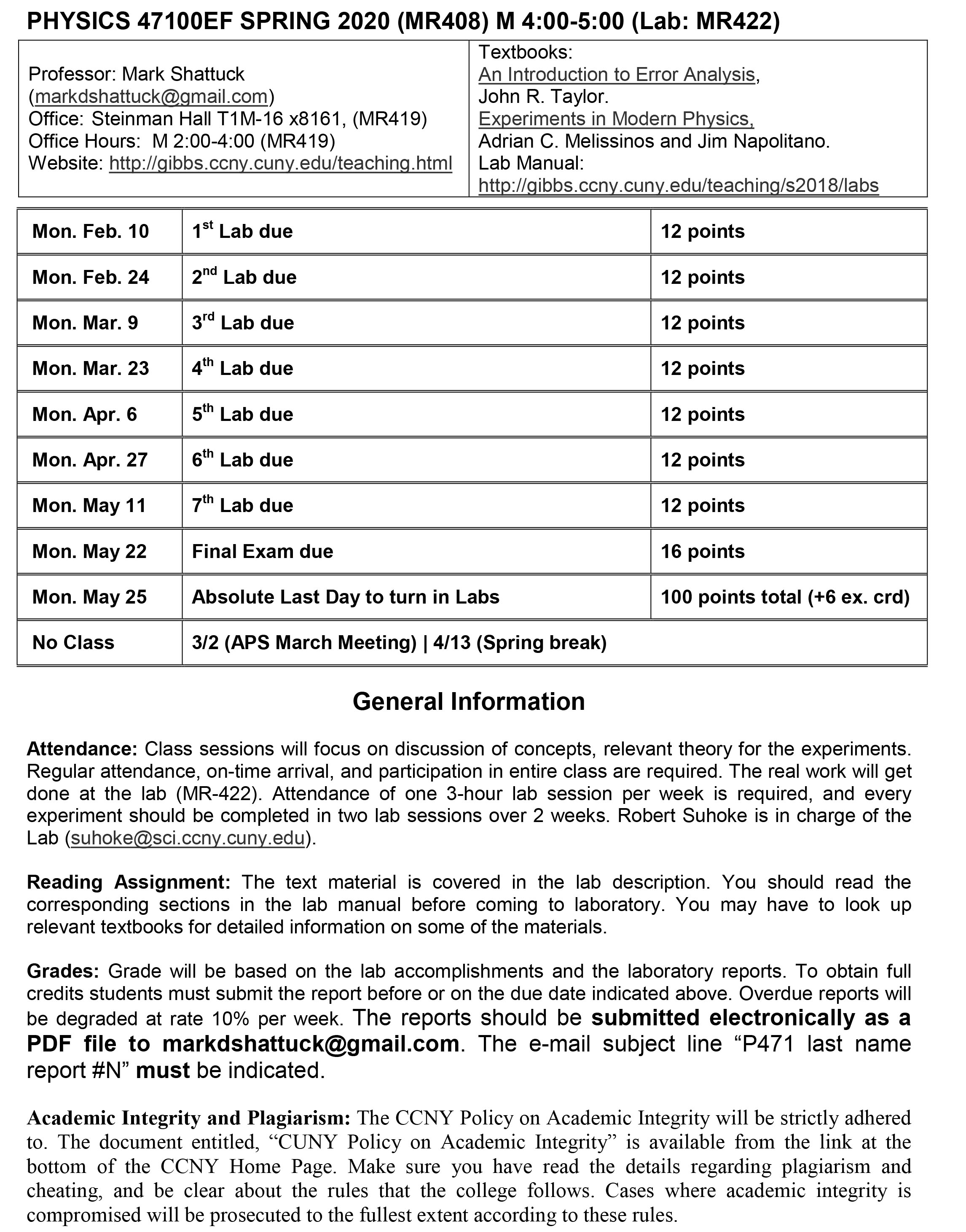 Spring 2020 Syllabus Physics 47100