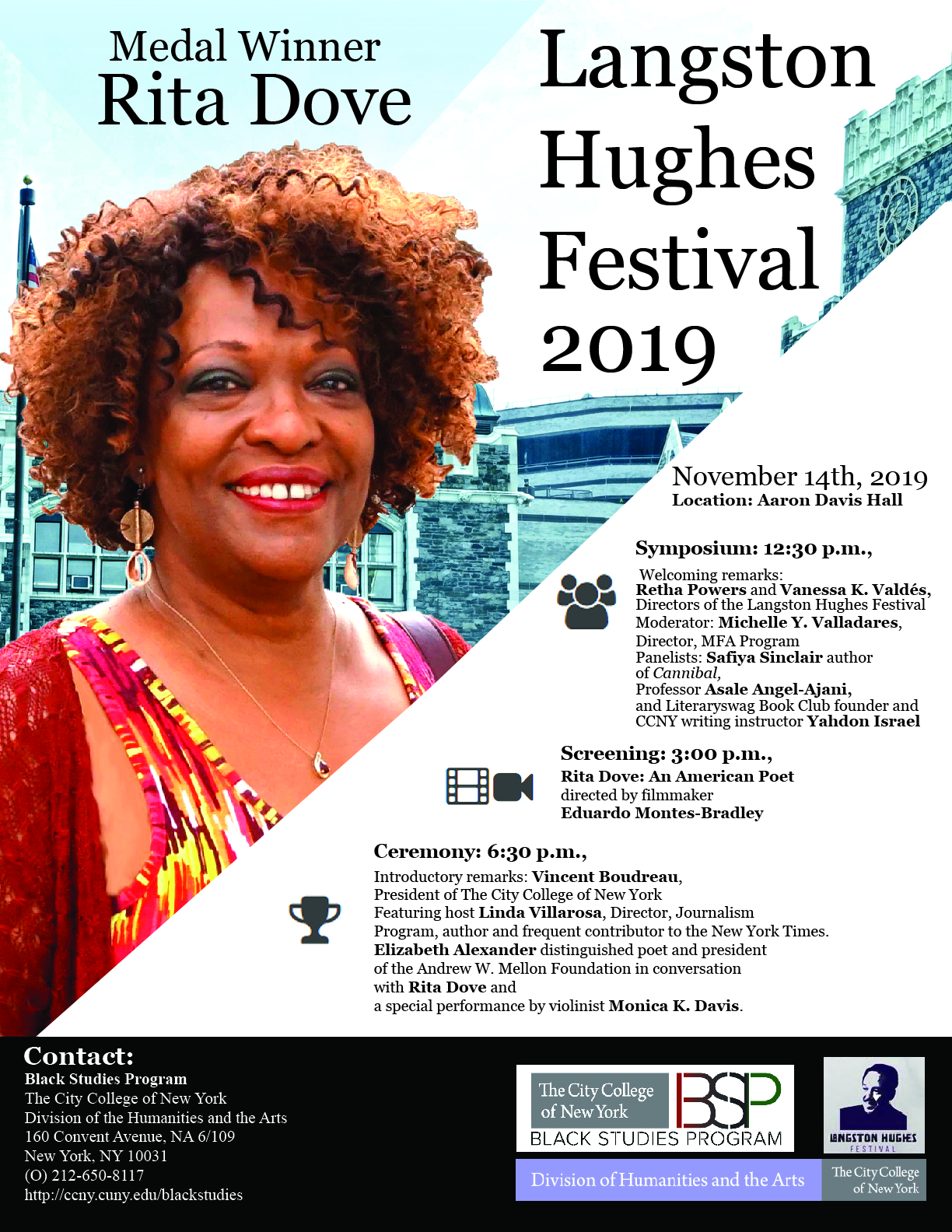 Flyer with a photo of Rita Dove looking at out. She is in front of the Shepard hall building. 
