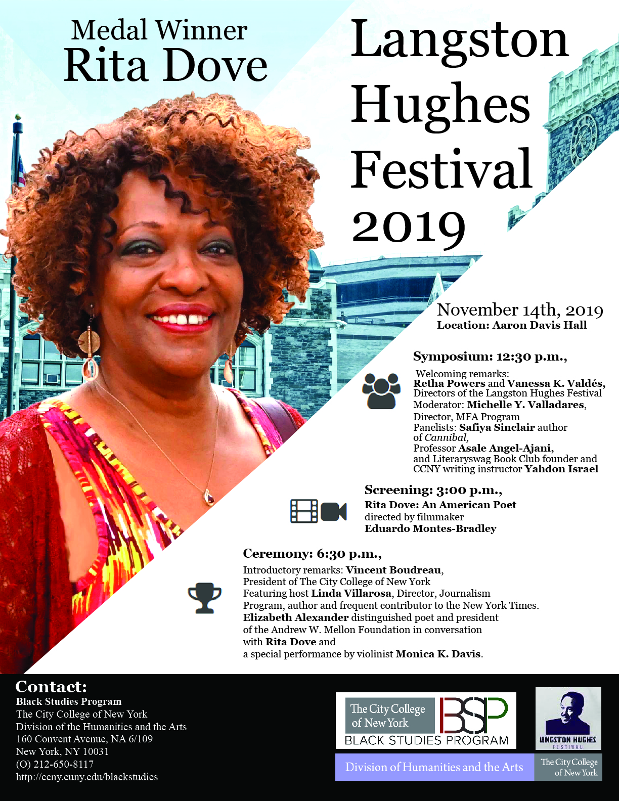 Flyer with a photo of Rita Dove looking at out. She is in front of the Shepard hall building.