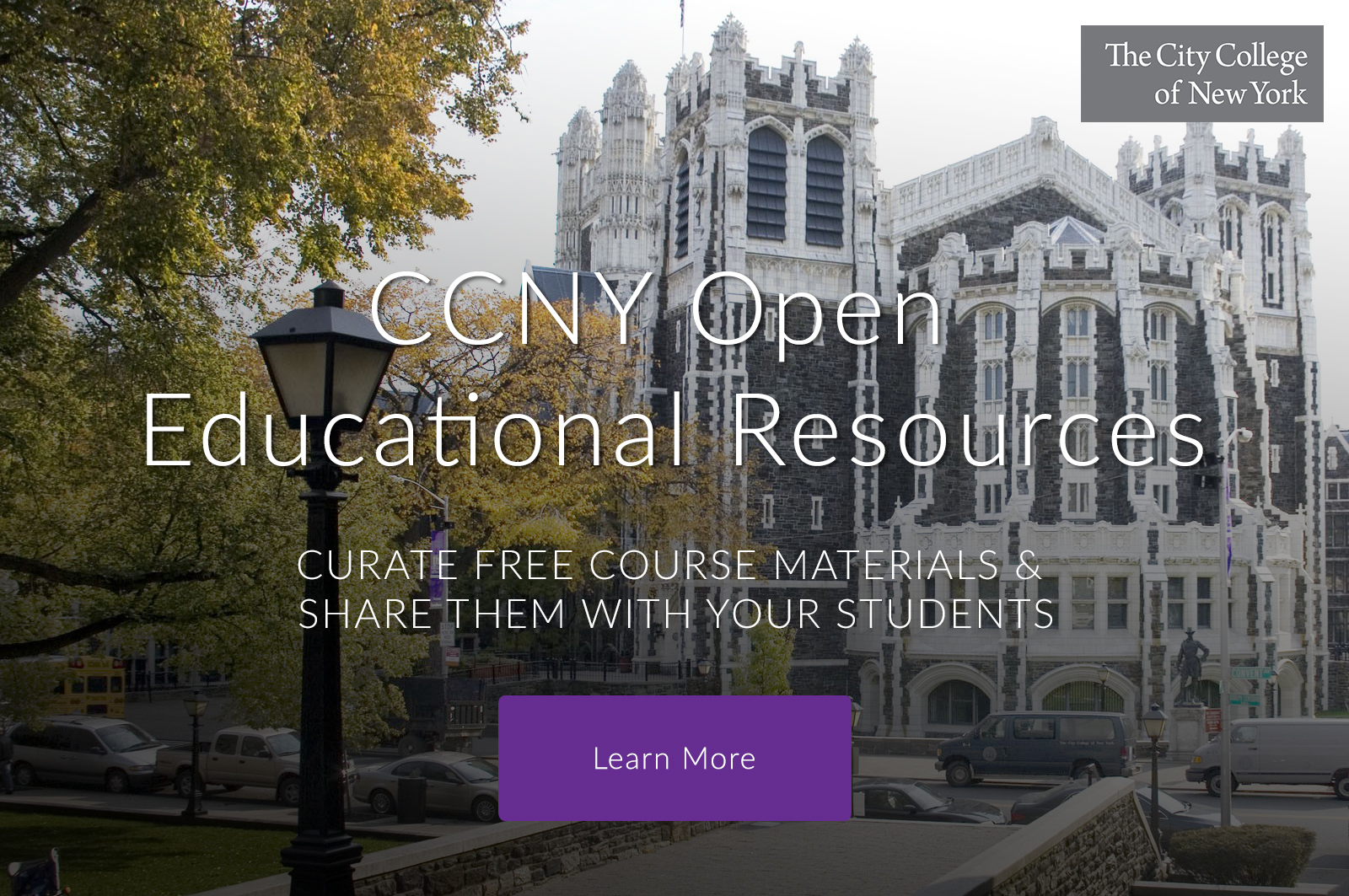 CCNY campus, OER, and learn more button 