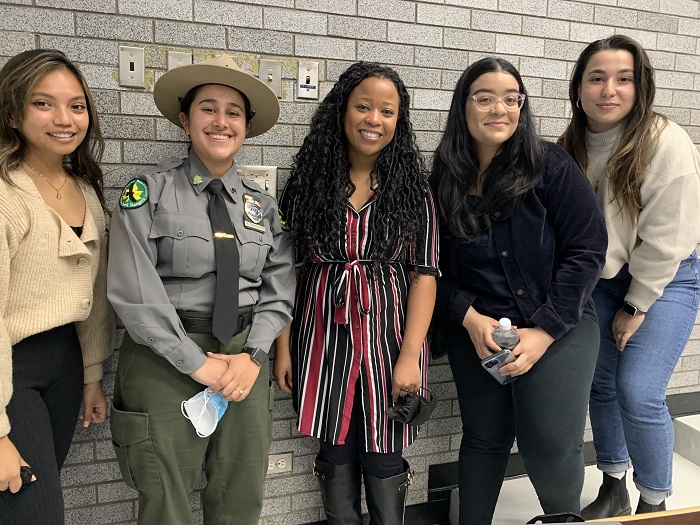 Panelists are from left to right: Mariza Dannang, (Green Girls student intern), Adriana Caminero (NYC Parks),  Malika Khalsa (Salvadori Center), Jaileen Jaquez (American Museum of Natural History, CCNY alumnus) and Artiola Islami (NY Aquarium student intern)