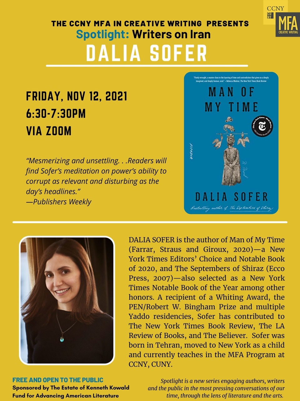 Acclaimed author Dalia Sofer discusses her novel, Man of My Time, for CCNY's MFA in Creative Writing's Spotlight series