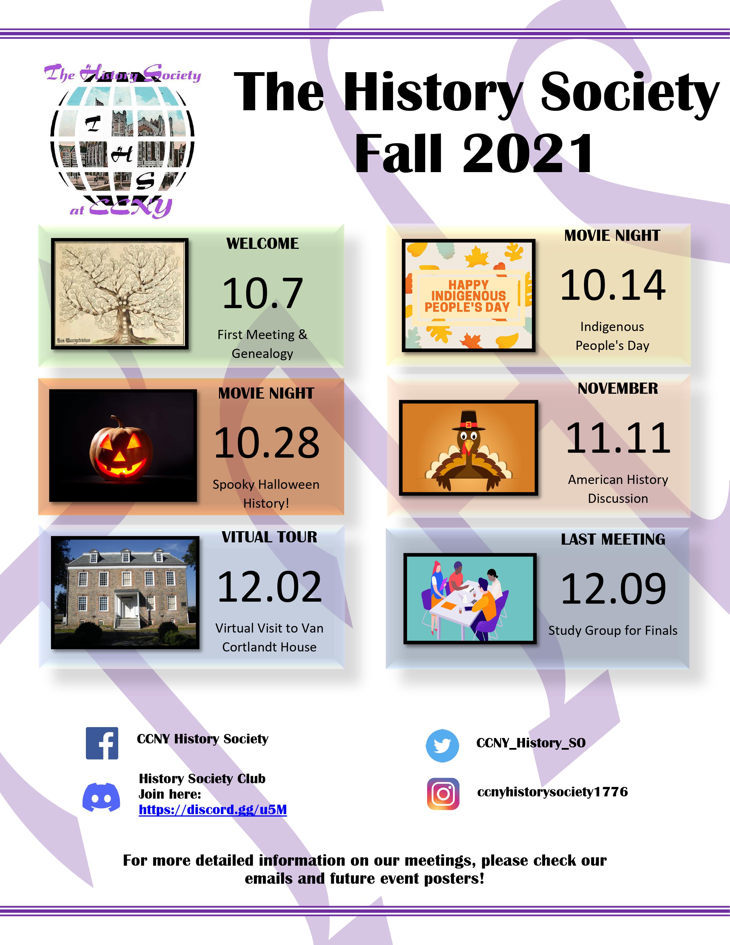 Fall 2021 History Society Meeting Schedule 