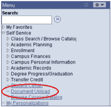 CUNYfirst menu with Document Upload circled
