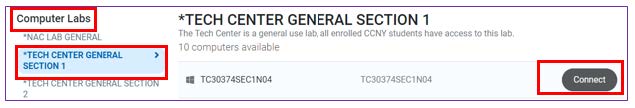 Image of clicking Computer labs, Tech Center General Section 1 and Connect