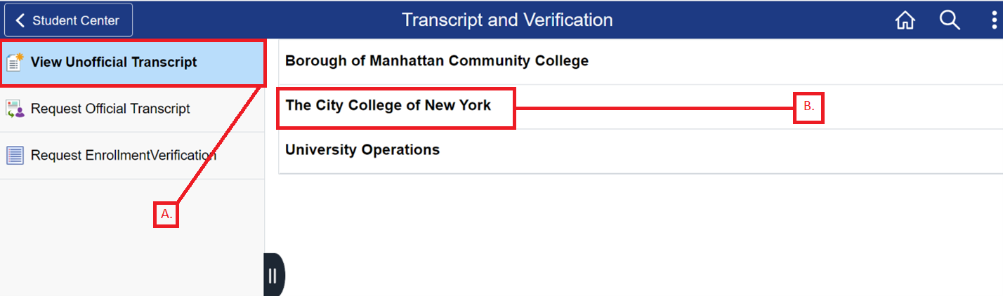 Select Transcript type and College