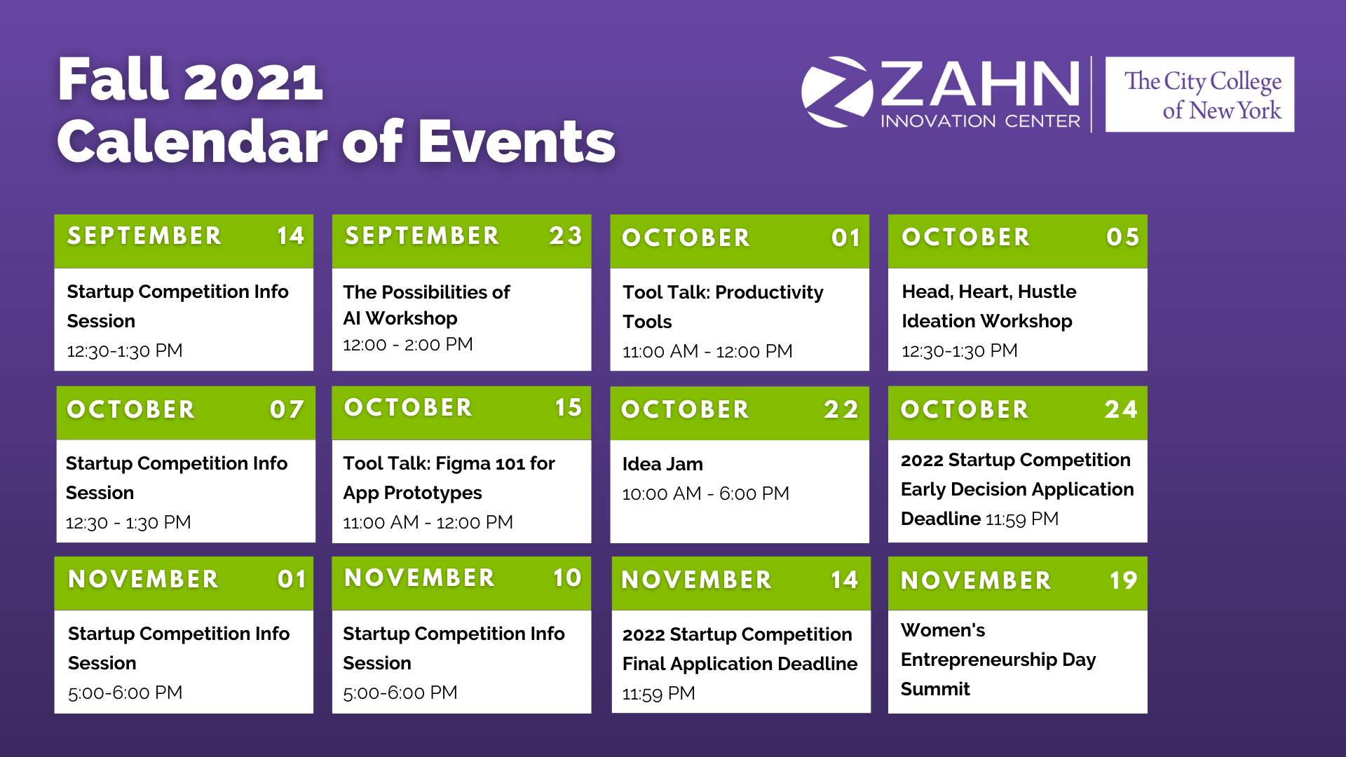 Fall 2021 Zahn Center Calendar