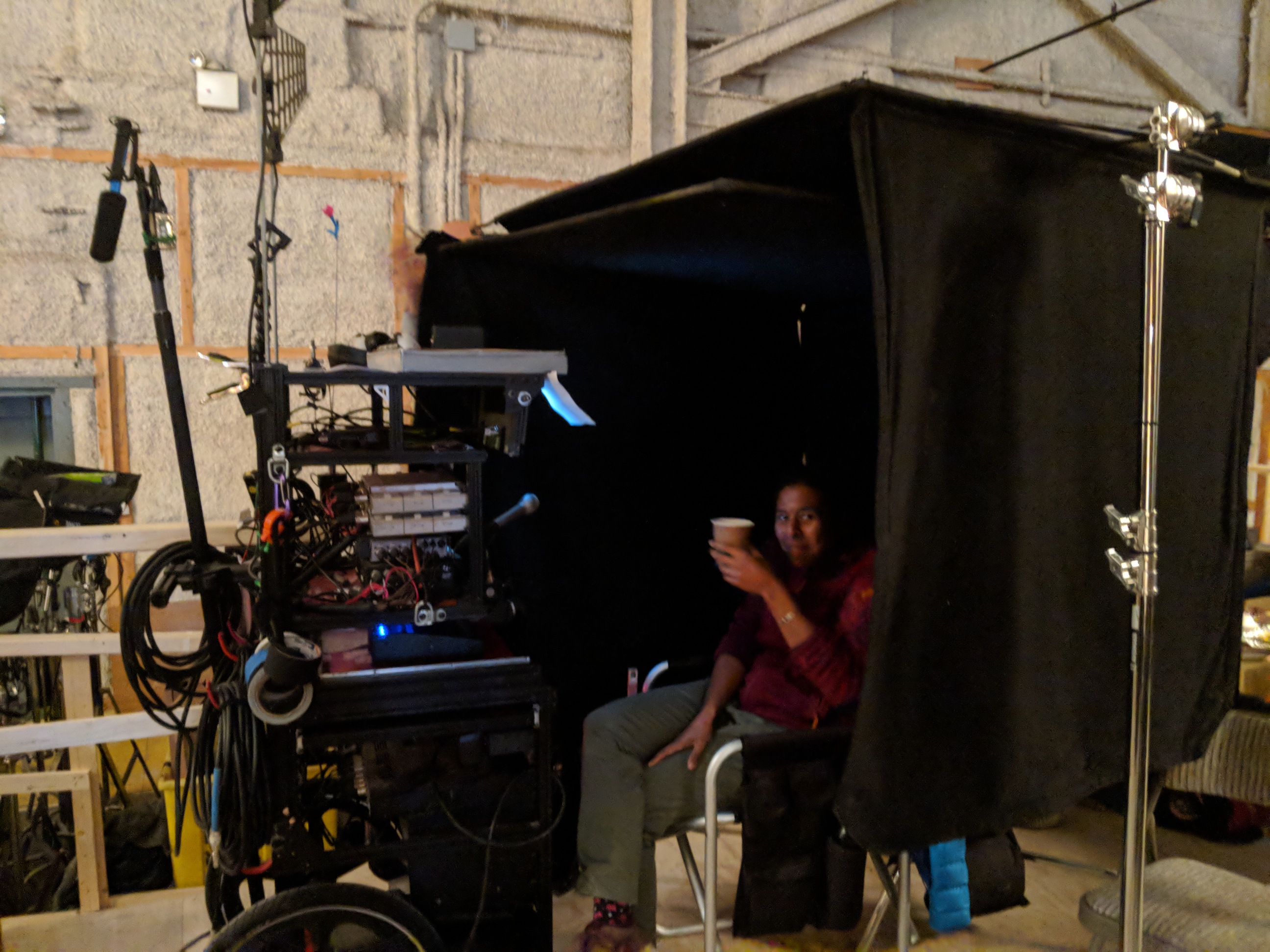 Allison Jackson on set with her sound cart