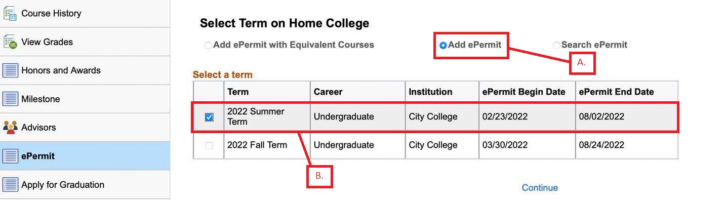 Select Add ePermit and Term